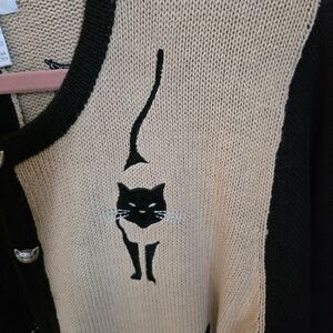 Christopher & Banks Black and Tan Knit Sweater With Kitten Buttons